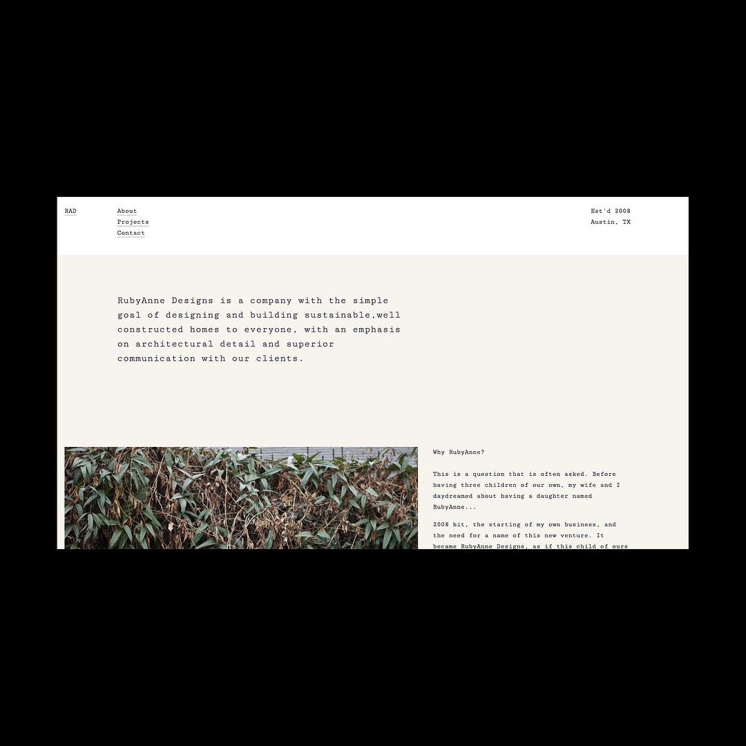 Web design and development for RAD, an Austin-based design and construction company with the goal of providing sustainable homes at an affordable price